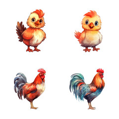 set of happy cute rooster watercolor illustrations for printing on baby clothes, pattern, sticker, postcards, print, fabric, and books