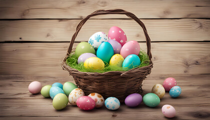 Fototapeta na wymiar colorful easter eggs in the basket on a wooden background