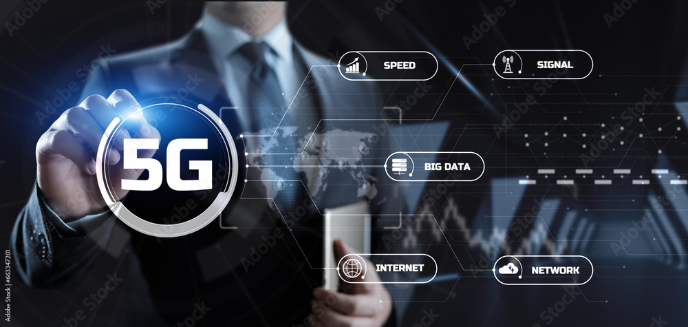 Poster 5g high-speed internet connection concept. businessman pressing button on screen.