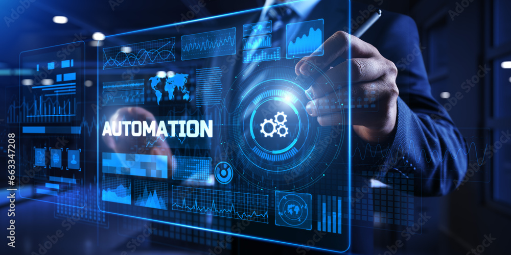 Poster automation innovation technology concept. businessman pressing button on screen.