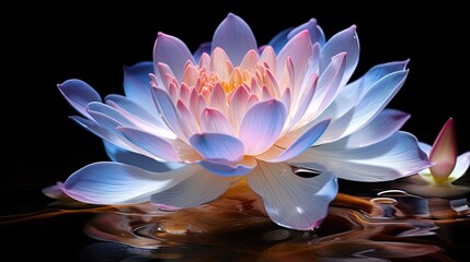  a pink and blue flower floating on top of a body of water.  generative ai