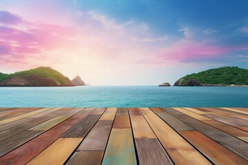 An empty wooden tabletop against a sea view with a rainbow