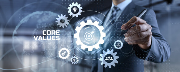 Core values Responsibility Innovation. Businessman pressing button on screen.