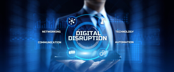 Digital disruption industry transformation technology revolution concept. Businessman pressing button on screen.
