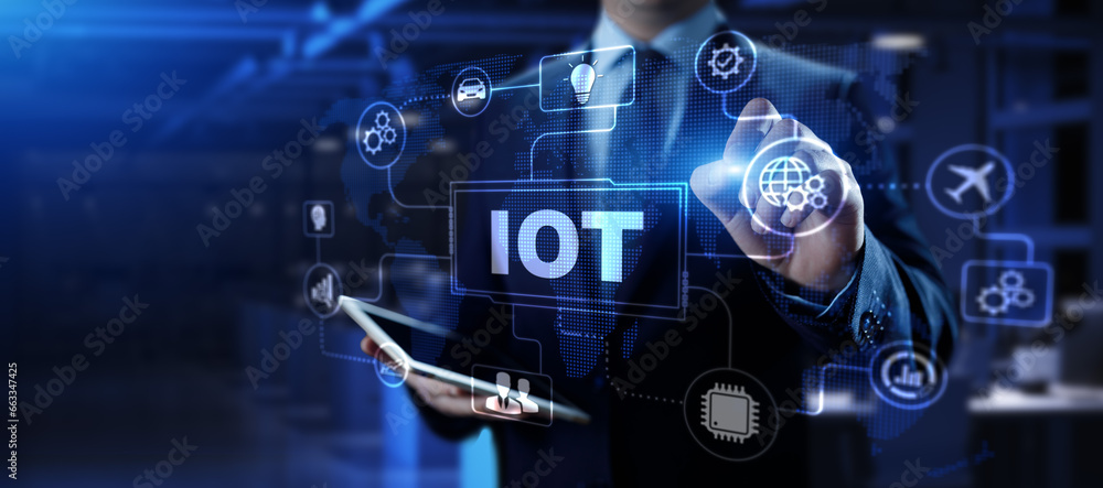Poster iot internet of things innovation technology concept. businessman pressing button on screen.