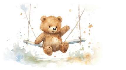  a teddy bear sitting on a swing with a watercolor background.  generative ai