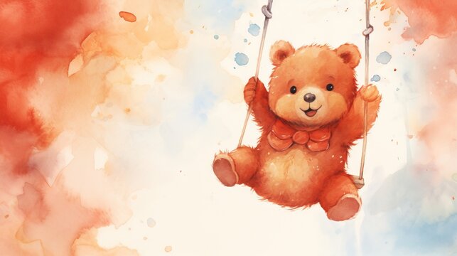  a brown teddy bear sitting on a swing with a red bow.  generative ai