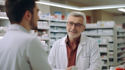 medicine,pharmaceutics,health care and people concept.professional male pharmacist giving prescription medications to customer in a pharmacy with female pharmacist in the background