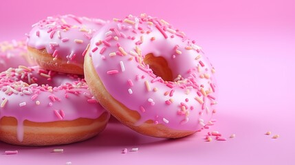  three pink donuts with sprinkles on a pink background.  generative ai