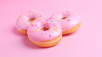 Obraz na płótnie Canvas three donuts with pink frosting and sprinkles. generative ai