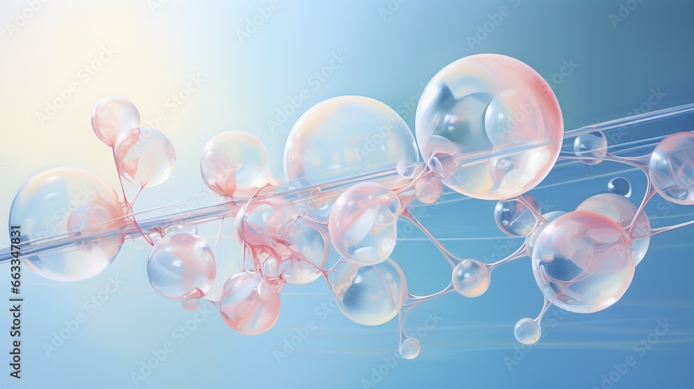 Poster a group of bubbles floating on top of a blue surface. generative ai