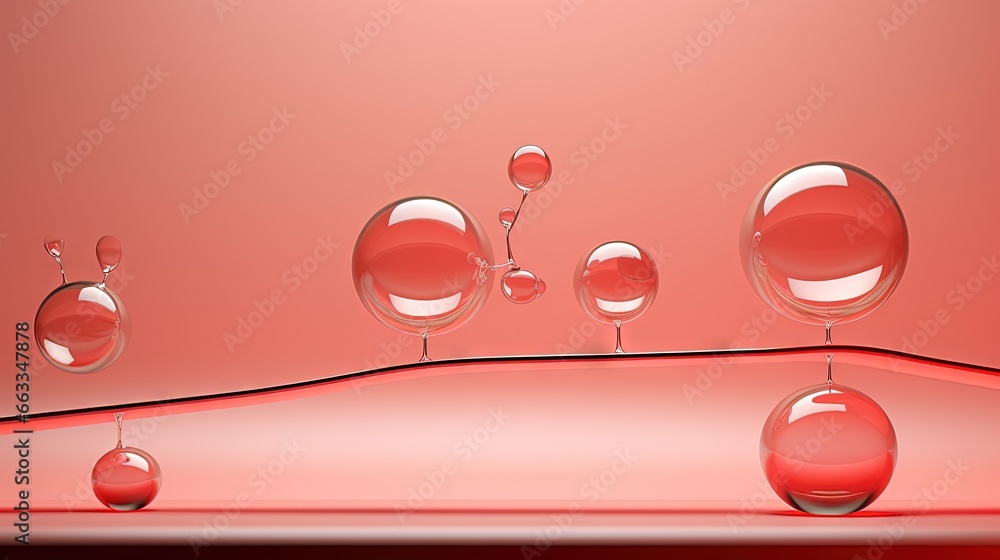 Poster a group of water droplets floating on top of a red surface. generative ai