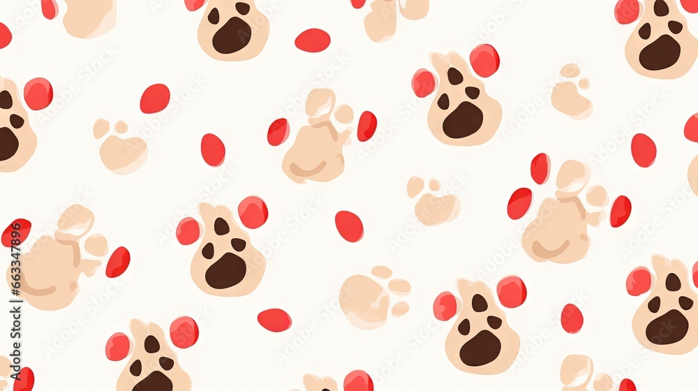 Poster  a pattern of paw prints on a white background with red spots.  generative ai