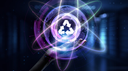 Recycle zero waste ecology saving technology concept. Hand pressing button on virtual screen.