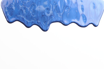 Acrylic paint blot, chaotic brushstroke, spot flowing on white paper background. Creative blue color backdrop, fluid art.
