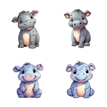 set of happy cute rhinoceros watercolor illustrations for printing on baby clothes, pattern, sticker, postcards, print, fabric, and books