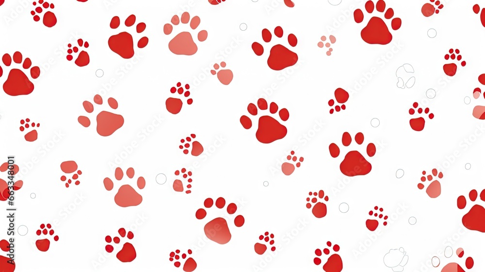 Poster a white background with red and white paw prints on it. generative ai