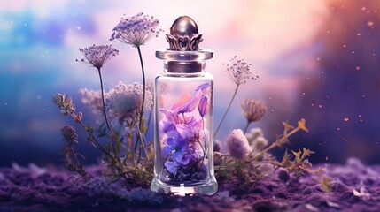  a glass jar filled with purple flowers on top of a field.  generative ai