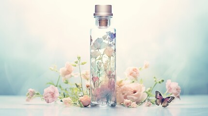  a glass bottle filled with flowers and a butterfly on a table.  generative ai - obrazy, fototapety, plakaty