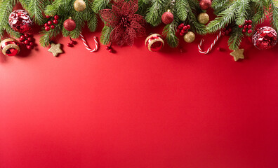 Christmas and new year background concept. Top view of Christmas decoration made from snowflake, christmas ball on red background.
