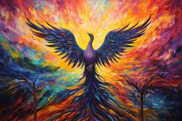Obraz premium Ancient phoenixes rising from ashes with renewed life - Generative AI