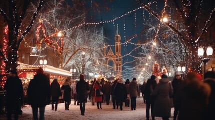 Fototapeta na wymiar People in christmas market at night, festive new year lights.