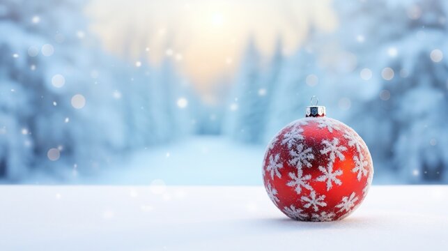  a red christmas ornament sitting on top of a snow covered ground.  generative ai