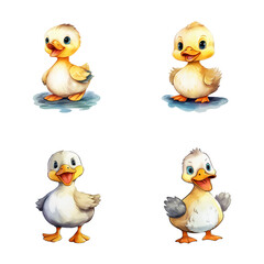 set of happy cute duck watercolor illustrations for printing on baby clothes, pattern, sticker, postcards, print, fabric, and books