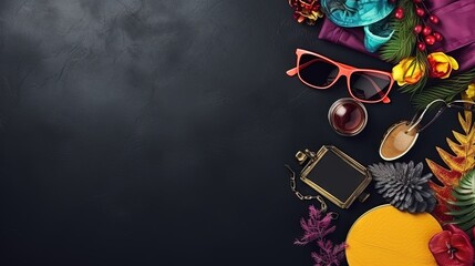 a black background with sunglasses, a hat, and other items.  generative ai