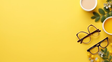  a pair of glasses sitting on top of a yellow table.  generative ai