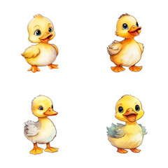 set of happy cute duck watercolor illustrations for printing on baby clothes, pattern, sticker, postcards, print, fabric, and books
