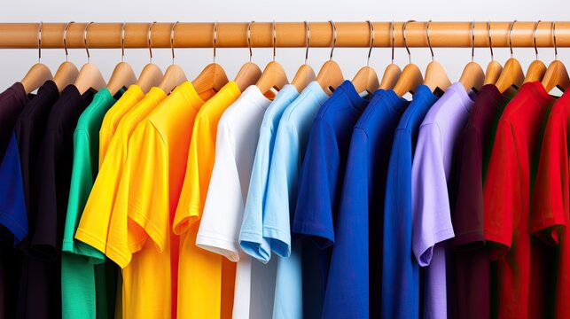 Group of colorful t shirt with hanger isolated on white background.