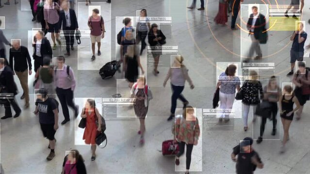 Facial Recognition Camera Recognizes Person. Elevated Security Camera Surveillance Footage Face Scanning of  Crowd of People Walking on Airport or Station. Big Data Analysis
