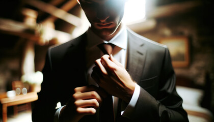 Groom Adjusting Necktie