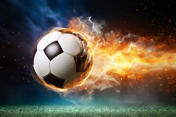 Fototapeta premium The ball kicked by the soccer player turns into a blazing meteor on its way to the goal. It leads the team to victory, and the objective is fulfilled. The concept of passion, zeal, and success.