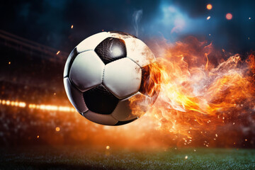 Fototapeta premium As the soccer player strikes the ball, it transforms into a fireball headed for the goal. Guiding the team to victory, the objective is realized. The concept of passion, enthusiasm, and success.