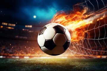 Fototapeta premium When the soccer player strikes the ball, it transforms into a fiery comet aimed at the goal. Guiding the team to triumph, their objectives are met. A concept of passion, fervor, and achieving success.