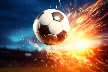 Naklejka premium The ball kicked by the soccer player turns into a fireball heading for the goal. It leads the team to victory, and the goal is achieved. A concept for passion, enthusiasm, and success.