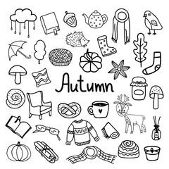 Autumn set doodle illustrations isolated on white.