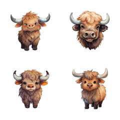set of happy cute buffalo watercolor illustrations for printing on baby clothes, pattern, sticker, postcards, print, fabric, and books