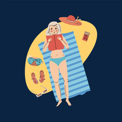 Summer beach scene, flat cartoon vector illustration. Girl lying on towel on beach or seashore and sunbathing, reading book. Straw hat, spf stick, flip flops, sunglasses and swimming mask on the sand.