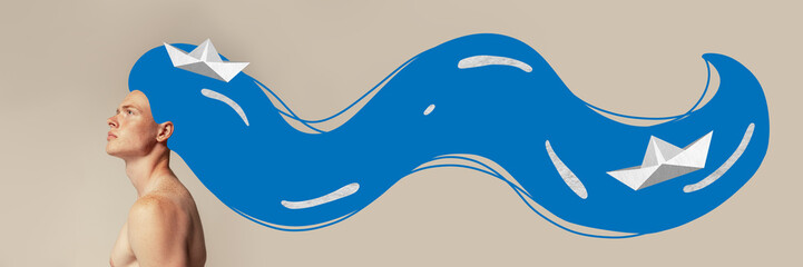 Poster. Contemporary art collage. Side view portrait of man with dreams in his long, drawn blue like river hair decorated with white paper ship sailing.