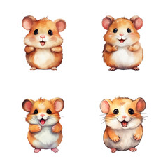 set of happy cute hamster watercolor illustrations for printing on baby clothes, pattern, sticker, postcards, print, fabric, and books