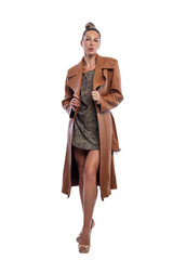 Beautiful stylish woman in a short dress, high-heeled shoes and a brown leather coat. Style, fashion and beauty. Full height. Isolirvoan on a white background. Vertical.
