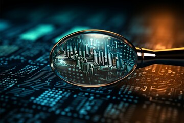 Binary code and biometrics authentication technology analyzed under a magnifying glass