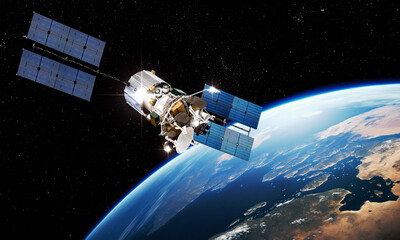 Modern telecommunication satellite at the Earth orbit - 663350274