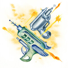 watercolor hand drawn composition with toy guns, fantastic weapons, space pistols, blasters and ray isolated on yellow watercolor background, hand draw sketch, illustration for boys - obrazy, fototapety, plakaty