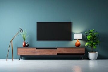 Blue wall provides a sleek backdrop for TV on cabinet