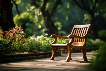 Fototapeta premium Blurred garden backdrop frames the rustic charm of a wooden chair
