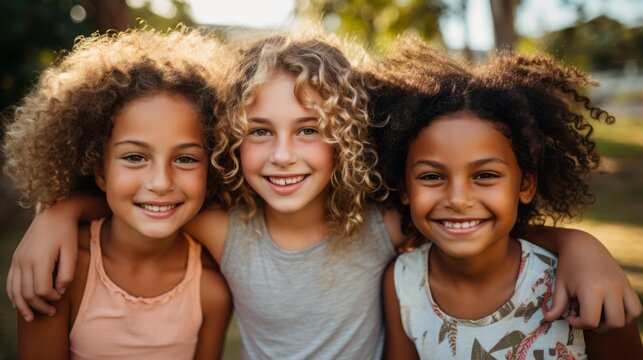 Close up of pre-teen friends in a park smiling to camera.Portrait Of Multi-Cultural Children Hanging Out With Friends In The Countryside Together